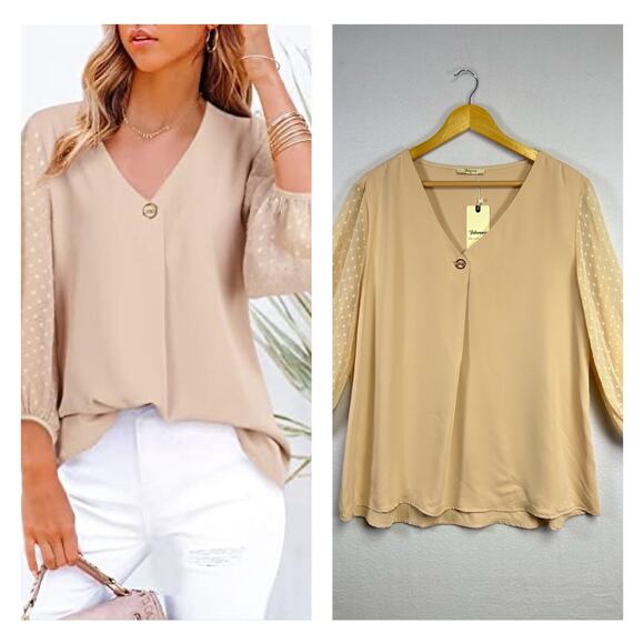Bebonnie Woman's Chiffon Beige/Tan Blouse Lantern 3/4 Sleeve XL Elegant Dressy - Picture 1 of 13